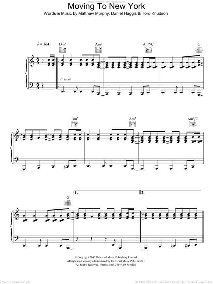 Moving To New York sheet music for voice, piano or guitar by The Wombats, Daniel Haggis, Matthew Murphy and Tord Knudson, intermediate skill level