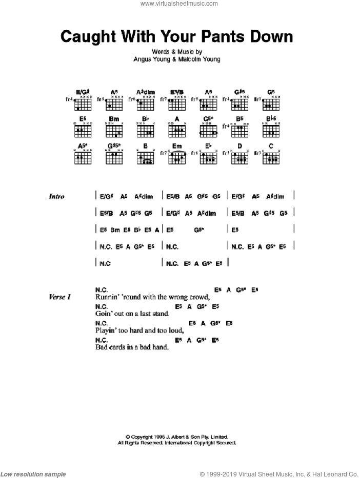 Caught With Your Pants Down sheet music for guitar (chords) by AC/DC, Angus Young and Malcolm Young, intermediate skill level