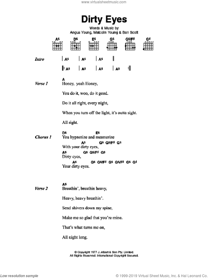 Dirty Eyes sheet music for guitar (chords) by AC/DC, Angus Young, Bon Scott and Malcolm Young, intermediate skill level
