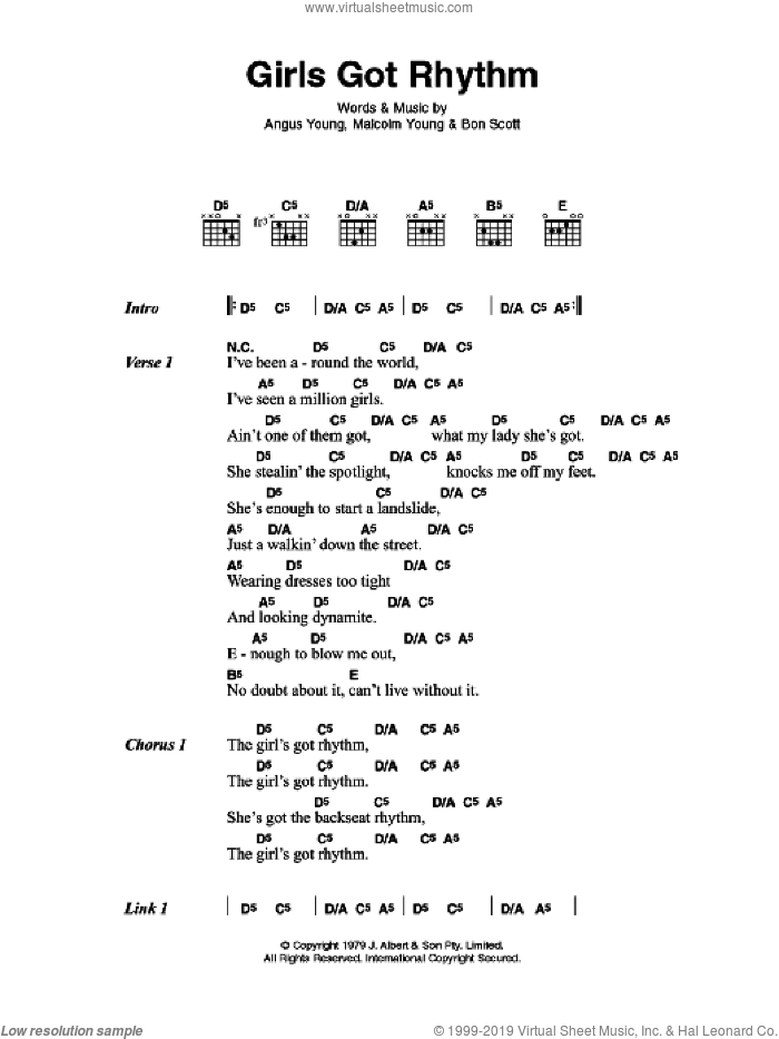 Girls Got Rhythm sheet music for guitar (chords) by AC/DC, Angus Young, Bon Scott and Malcolm Young, intermediate skill level