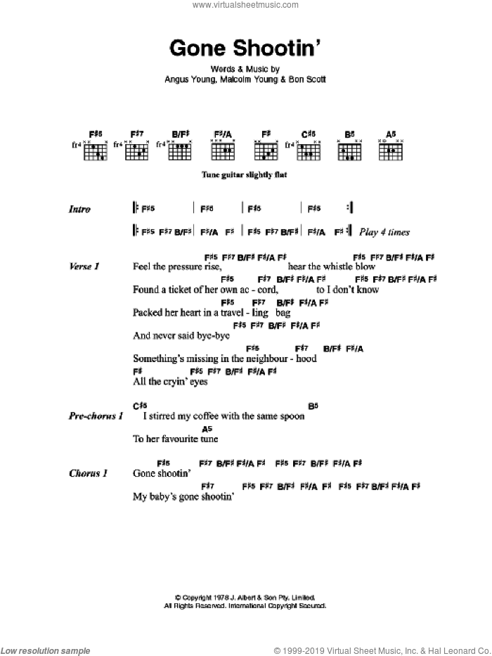 Gone Shootin' sheet music for guitar (chords) by AC/DC, Angus Young, Bon Scott and Malcolm Young, intermediate skill level