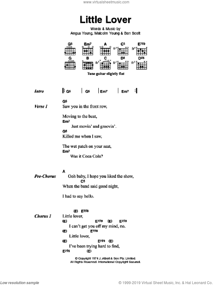 Little Lover sheet music for guitar (chords) by AC/DC, Angus Young, Bon Scott and Malcolm Young, intermediate skill level