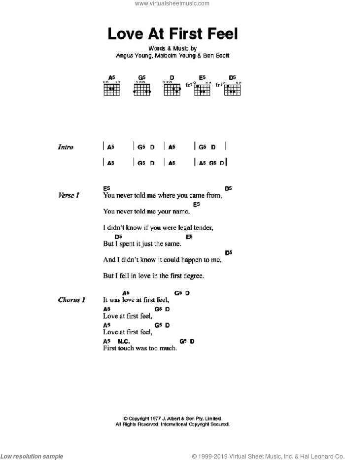 Love At First Feel sheet music for guitar (chords) by AC/DC, Angus Young, Bon Scott and Malcolm Young, intermediate skill level
