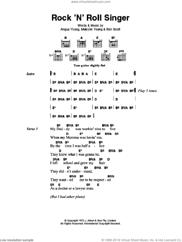 Rock 'N' Roll Singer sheet music for guitar (chords) by AC/DC, Angus Young, Bon Scott and Malcolm Young, intermediate skill level