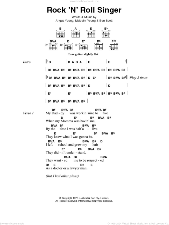 Rock 'N' Roll Singer sheet music for guitar (chords) by AC/DC, Angus Young, Bon Scott and Malcolm Young, intermediate skill level