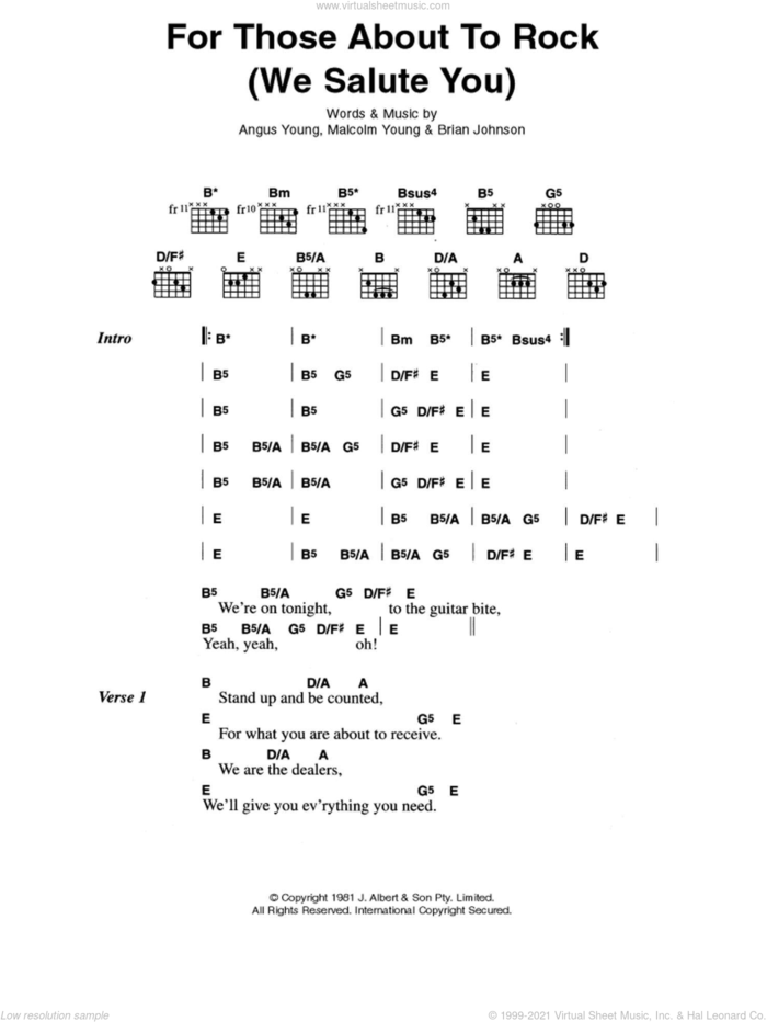 For Those About To Rock (We Salute You) sheet music for guitar (chords) by AC/DC, Angus Young, Brian Johnson and Malcolm Young, intermediate skill level