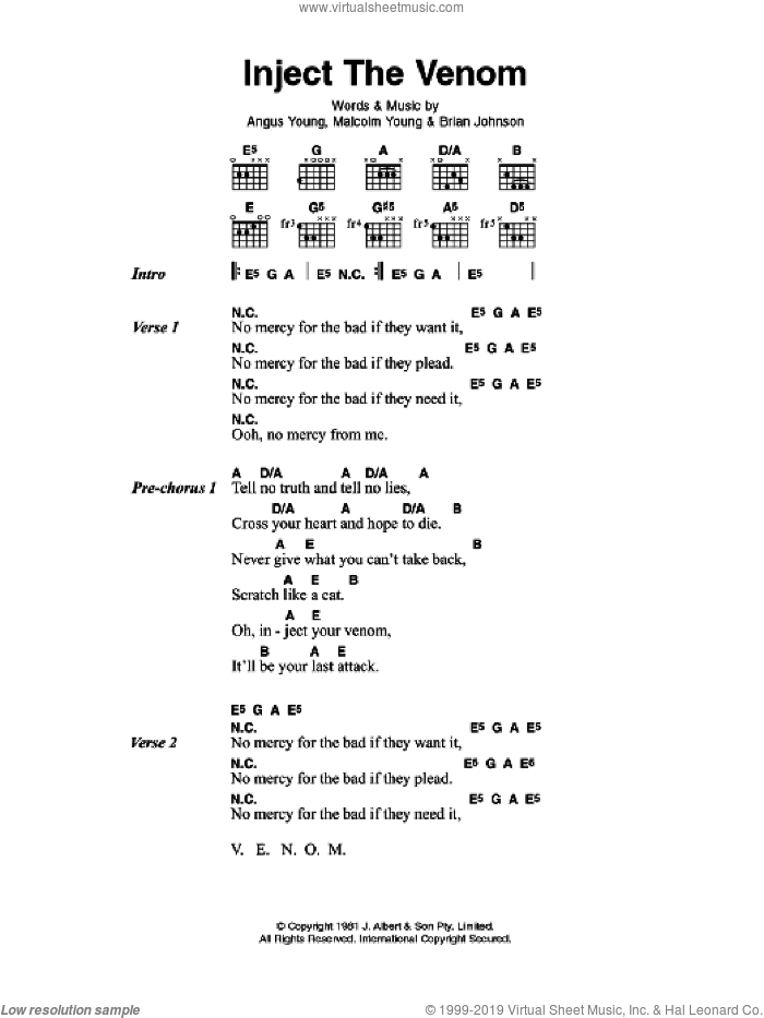 Inject The Venom sheet music for guitar (chords) by AC/DC, Angus Young, Brian Johnson and Malcolm Young, intermediate skill level