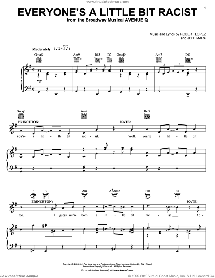 Everyone's A Little Bit Racist (from Avenue Q) sheet music for voice, piano or guitar by Avenue Q, Jeff Marx, Robert Lopez and Robert Lopez & Jeff Marx, intermediate skill level