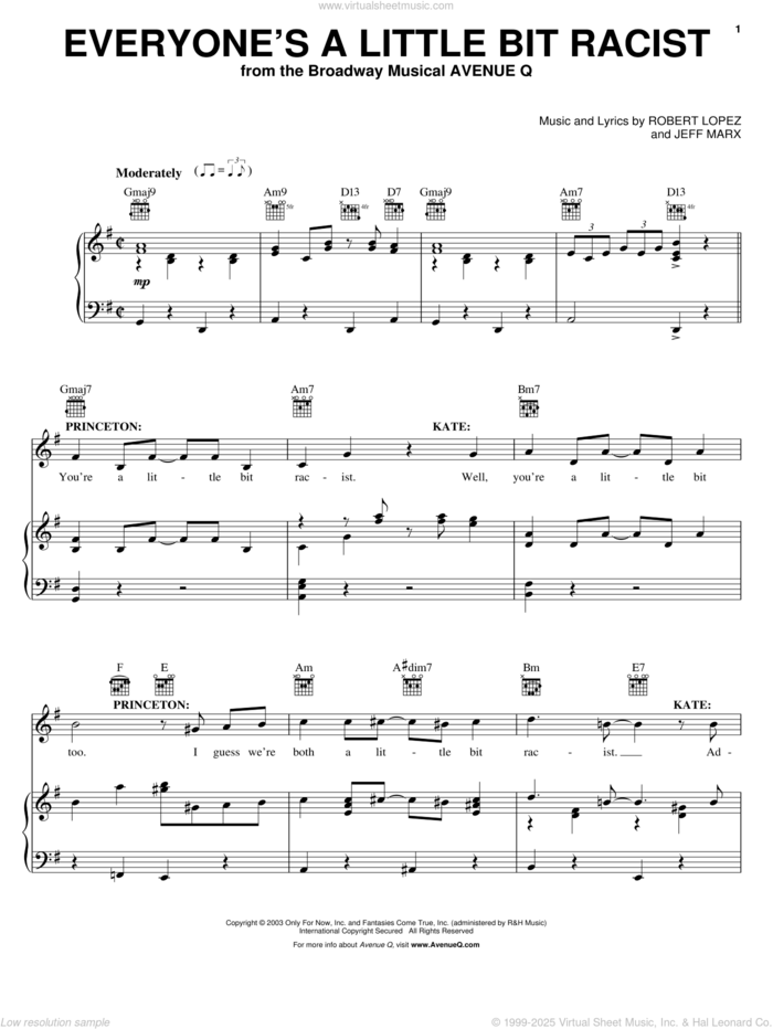 Everyone's A Little Bit Racist (from Avenue Q) sheet music for voice, piano or guitar by Avenue Q, Jeff Marx, Robert Lopez and Robert Lopez & Jeff Marx, intermediate skill level