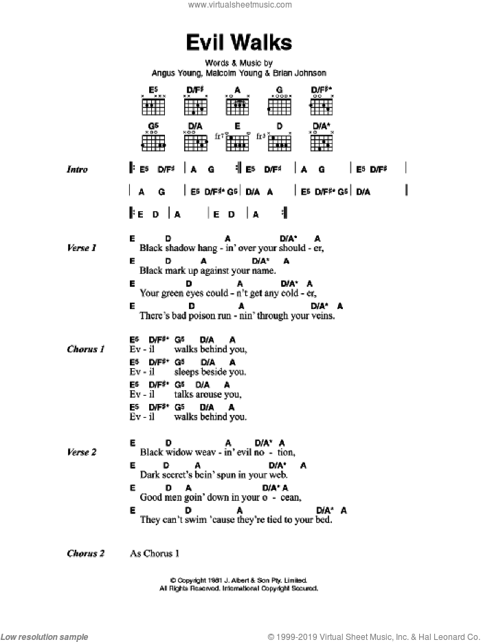 Evil Walks sheet music for guitar (chords) by AC/DC, Angus Young, Brian Johnson and Malcolm Young, intermediate skill level