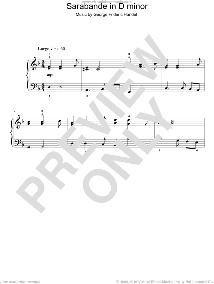 Sarabande in D minor sheet music for piano solo by George Frideric Handel, classical score, easy skill level