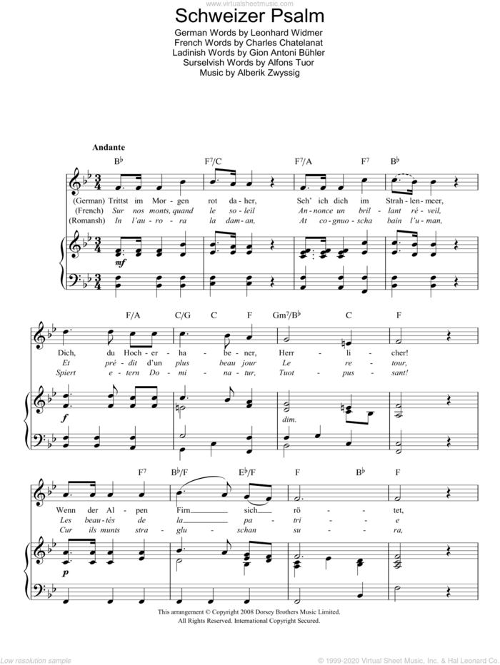 Schweizer Psalm (Swiss National Anthem) sheet music for voice, piano or guitar by Alberik Zwyssig, Alfons Tuor, Charles Chatelanat, Gion Antoni Buhler and Leonhard Widmer, intermediate skill level