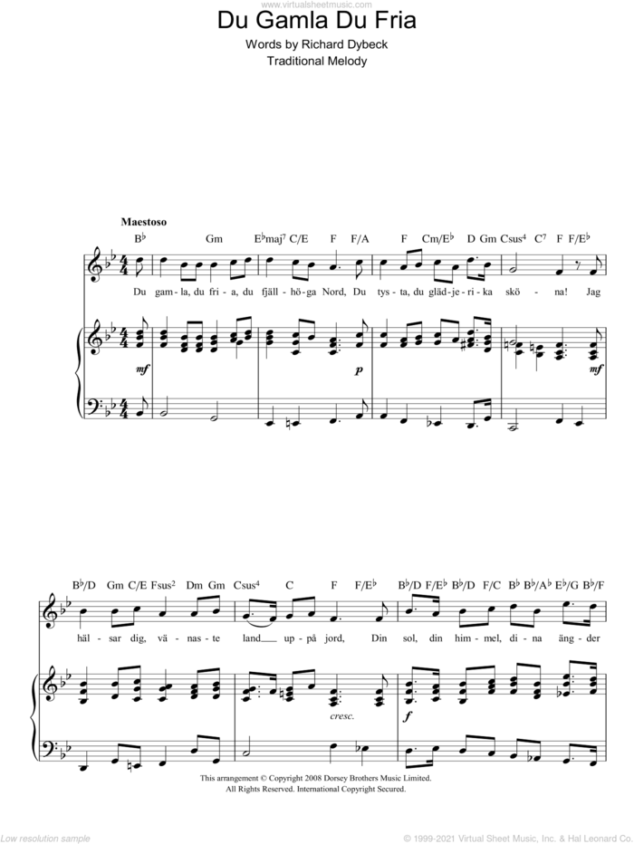 Du Gamla Du Fria (Swedish National Anthem) sheet music for voice, piano or guitar by Richard Dybeck and Miscellaneous, intermediate skill level