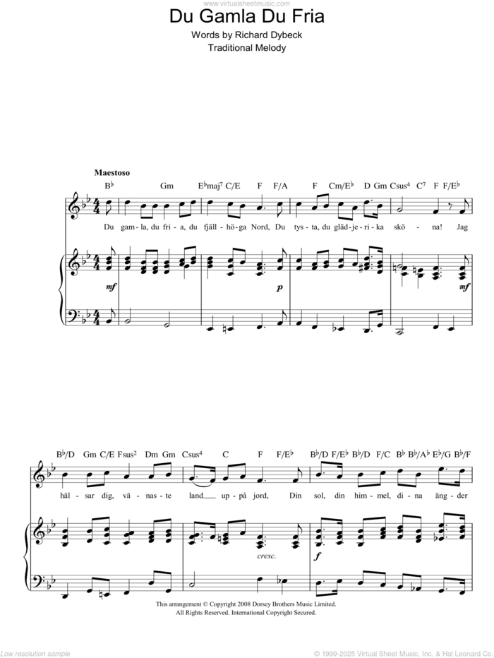 Du Gamla Du Fria (Swedish National Anthem) sheet music for voice, piano or guitar by Richard Dybeck and Miscellaneous, intermediate skill level