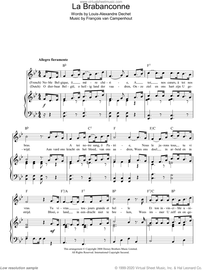 La Brabanconne (Belgian National Anthem) sheet music for voice, piano or guitar by Francois van Campenhout and Louis-Alexandre Dechet, intermediate skill level