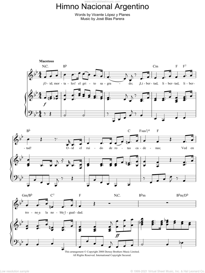 Himno Nacional Argentino (Argentinian National Anthem) sheet music for voice, piano or guitar by Jose Blas Parera and Vicente Lopez y Planes, intermediate skill level