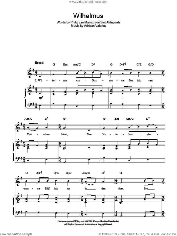 Wilhelmus (Netherlands National Anthem) sheet music for voice, piano or guitar by Adriaan Valerius and Philip van Marnix von Sint Aldegonde, intermediate skill level