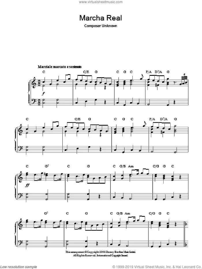 Marcha Real (Spanish National Anthem) sheet music for piano solo by Anonymous and Miscellaneous, intermediate skill level