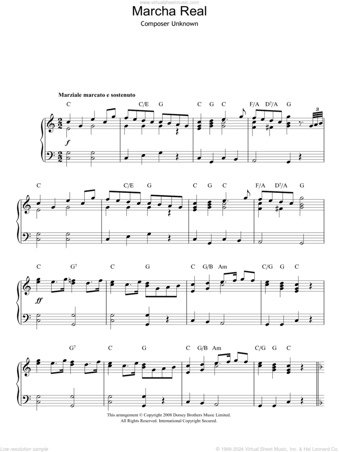 Marcha Real (Spanish National Anthem) sheet music for piano solo by Anonymous and Miscellaneous, intermediate skill level