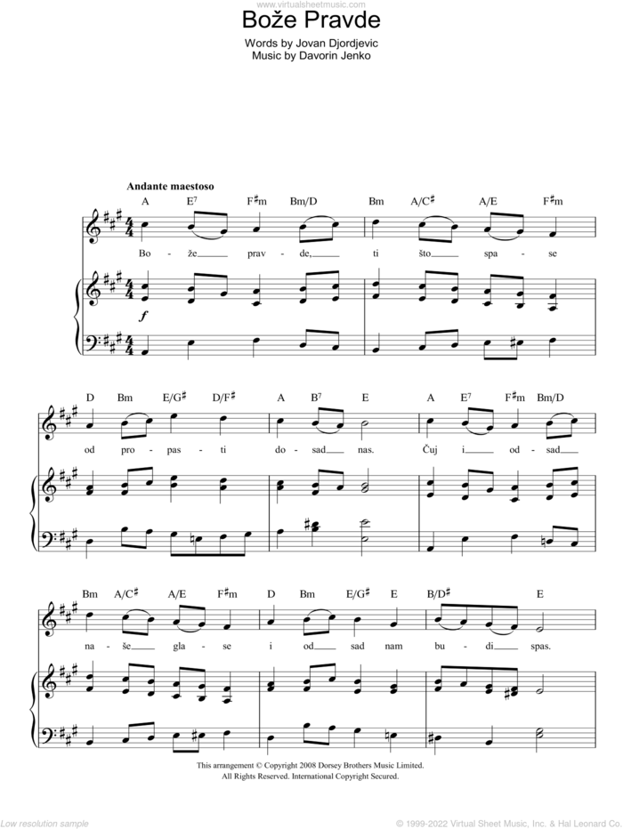 Boze Pravde (Serbian National Anthem) sheet music for voice, piano or guitar by Davorin Jenko and Jovan Djordjevic, intermediate skill level