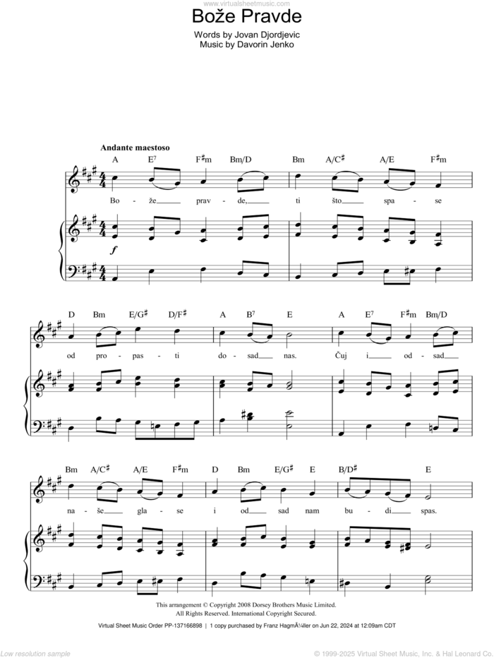 Boze Pravde (Serbian National Anthem) sheet music for voice, piano or guitar by Davorin Jenko and Jovan Djordjevic, intermediate skill level