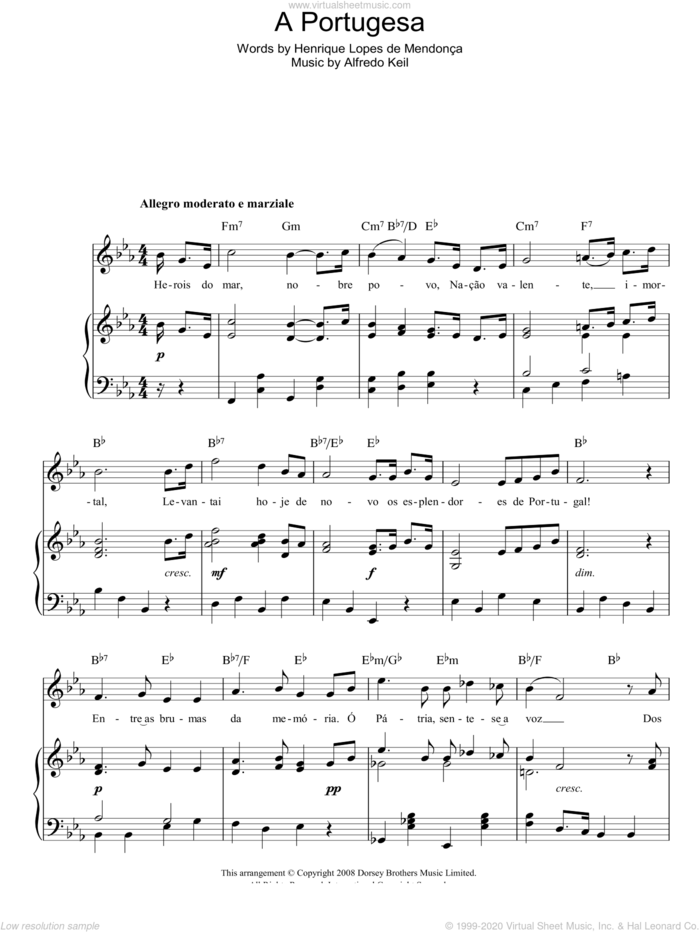 A Portugesa (Portuguese National Anthem) sheet music for voice, piano or guitar by Alfredo Keil and Henrique Lopes de Mendonca, intermediate skill level