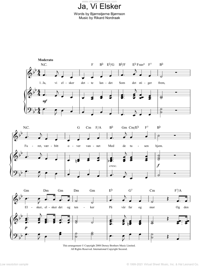 Ja, Vi Elsker (Norwegian National Anthem) sheet music for voice, piano or guitar by Rikard Nordraak and Bjornstjerne Bjornson, intermediate skill level