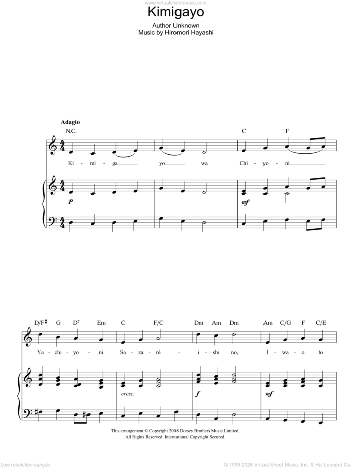 Kimigayo (Japanese National Anthem) sheet music for voice, piano or guitar by Hiromori Hayashi, intermediate skill level