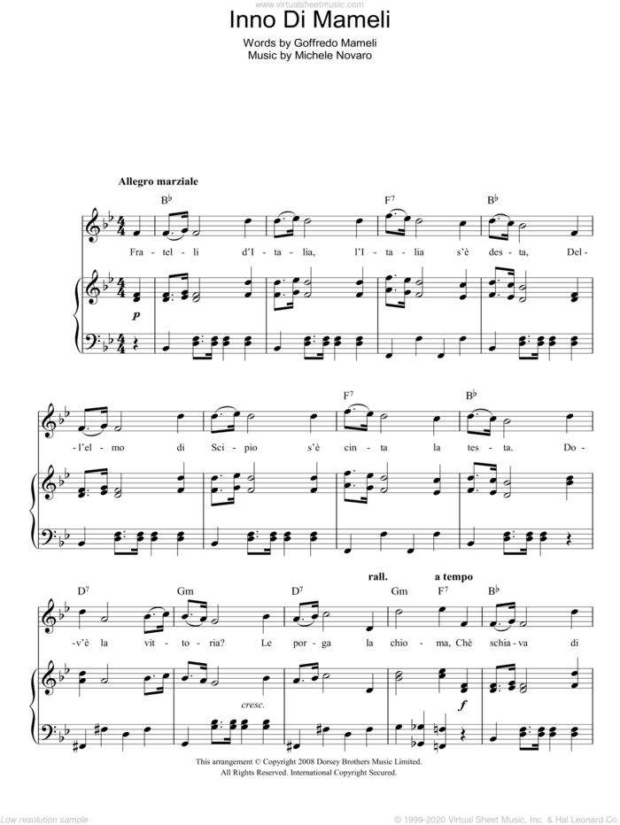 Inno Di Mameli (Italian National Anthem) sheet music for voice, piano or guitar by Michele Novaro and Goffredo Mameli, intermediate skill level