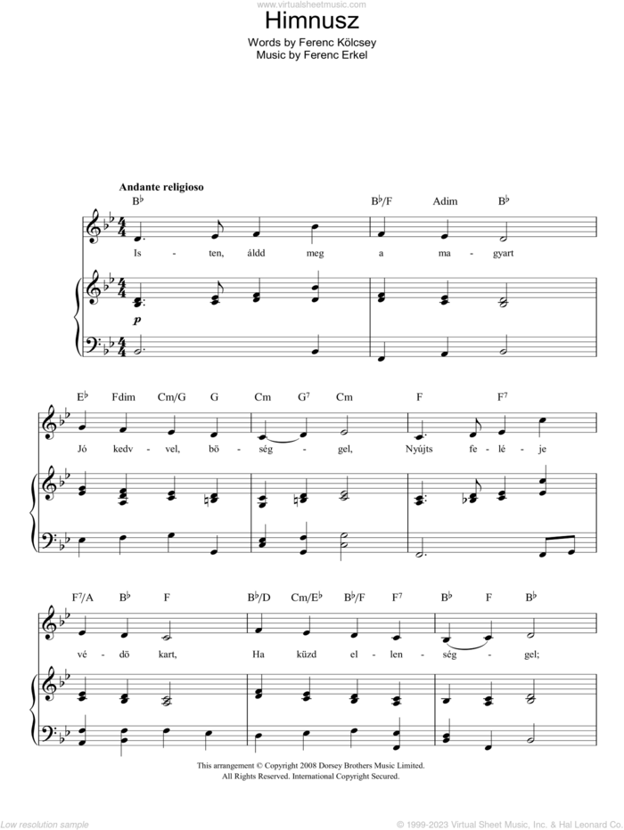 Himnusz (Hungarian National Anthem) sheet music for voice, piano or guitar by Ferenc Erkel and Ferenc Kolcsey, intermediate skill level