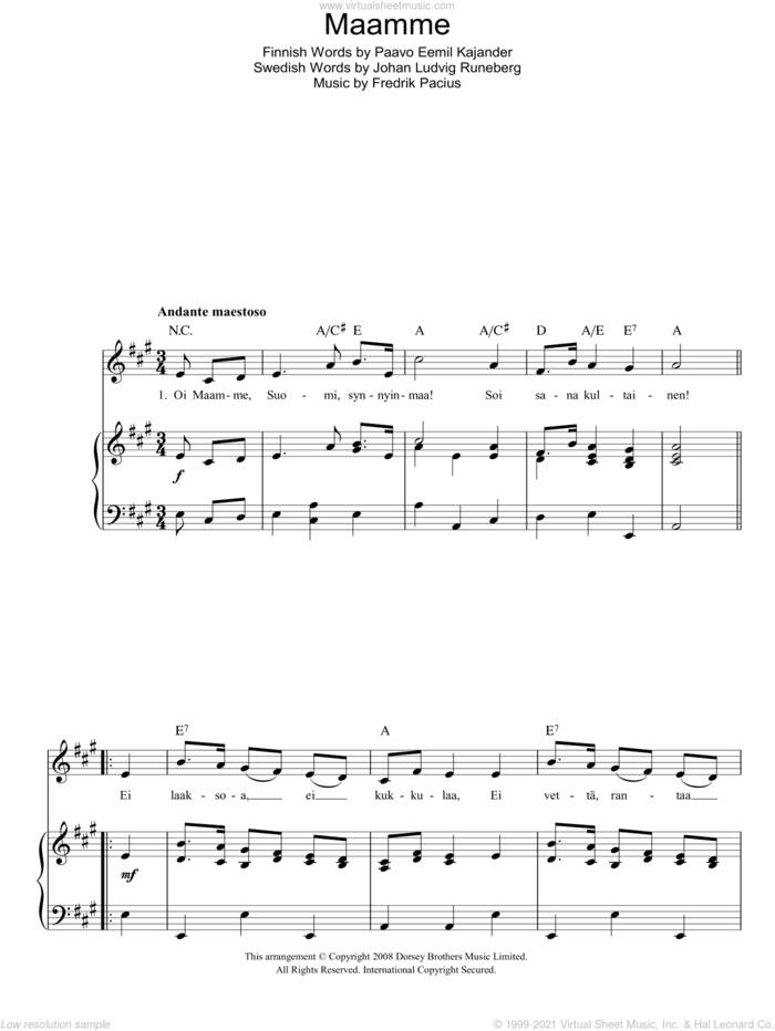 Maamme (Finnish National Anthem) sheet music for voice, piano or guitar by Fredrik Pacius, Johan Ludvig Runeberg and Paavo Eemil Kajander, intermediate skill level