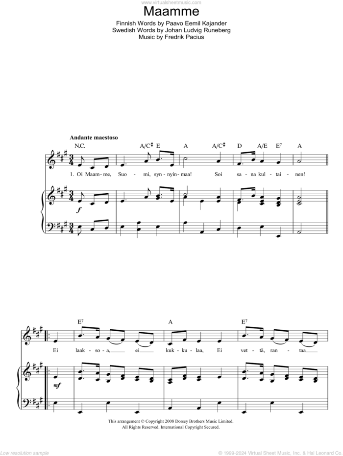 Maamme (Finnish National Anthem) sheet music for voice, piano or guitar by Fredrik Pacius, Johan Ludvig Runeberg and Paavo Eemil Kajander, intermediate skill level