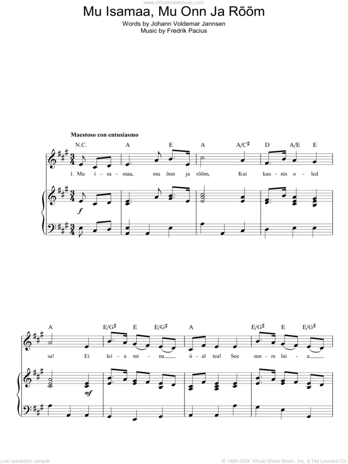 Mu Isamaa, Mu Onn Ja Room (Estonian National Anthem) sheet music for voice, piano or guitar by Fredrik Pacius and Johann Voldemar Jannsen, intermediate skill level