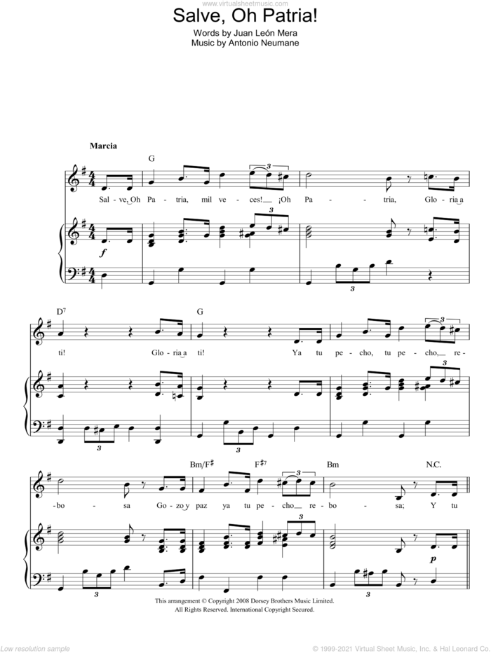Salve, Oh Patria! (Ecuadorian National Anthem) sheet music for voice, piano or guitar by Antonio Neumane and Juan Leon Mera, intermediate skill level
