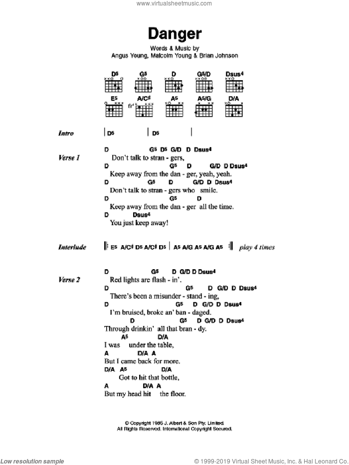 Danger sheet music for guitar (chords) by AC/DC, Angus Young, Brian Johnson and Malcolm Young, intermediate skill level