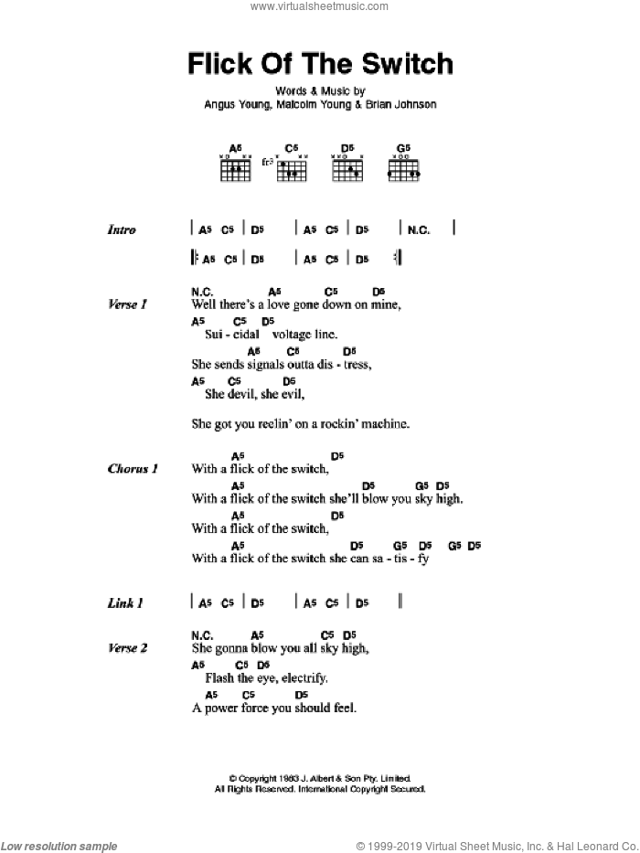 Flick Of The Switch sheet music for guitar (chords) by AC/DC, Angus Young, Brian Johnson and Malcolm Young, intermediate skill level