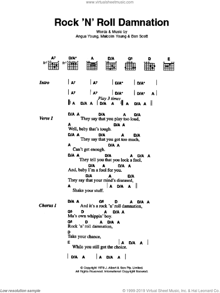 Rock 'N' Roll Damnation sheet music for guitar (chords) by AC/DC, Angus Young and Malcolm Young, intermediate skill level
