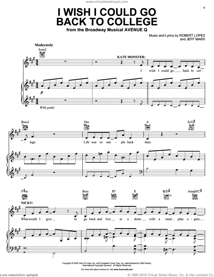 I Wish I Could Go Back To College sheet music for voice, piano or guitar by Avenue Q, Jeff Marx and Robert Lopez, intermediate skill level