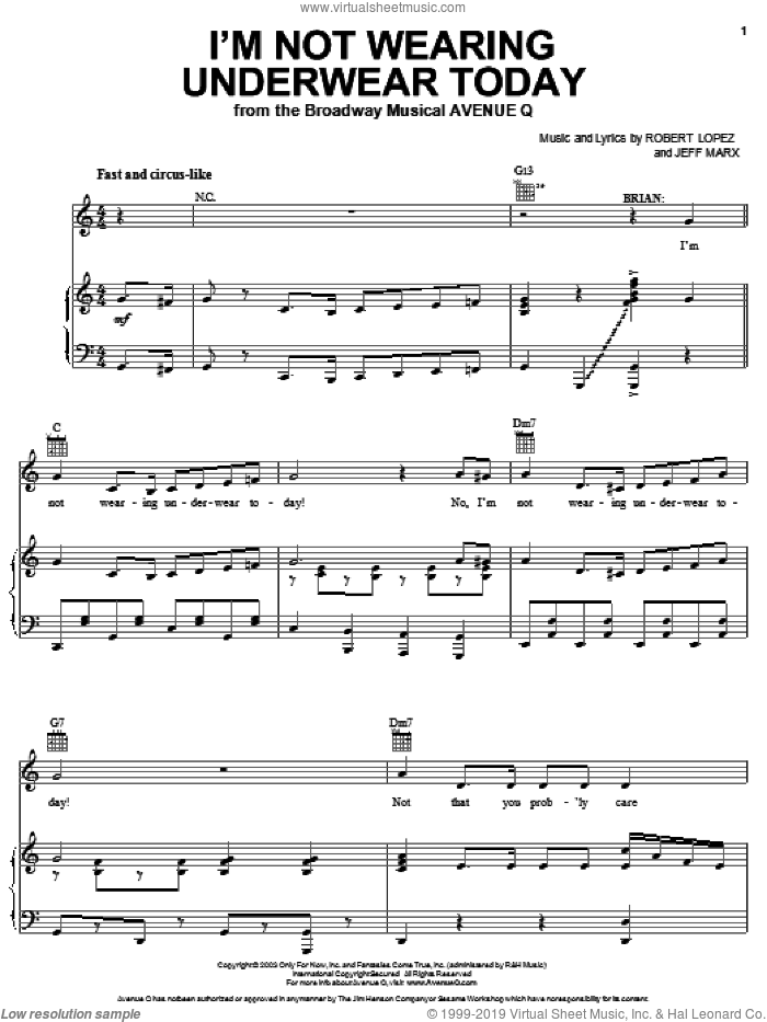 I'm Not Wearing Underwear Today (from Avenue Q) sheet music for voice, piano or guitar by Avenue Q, Jeff Marx, Robert Lopez and Robert Lopez & Jeff Marx, intermediate skill level