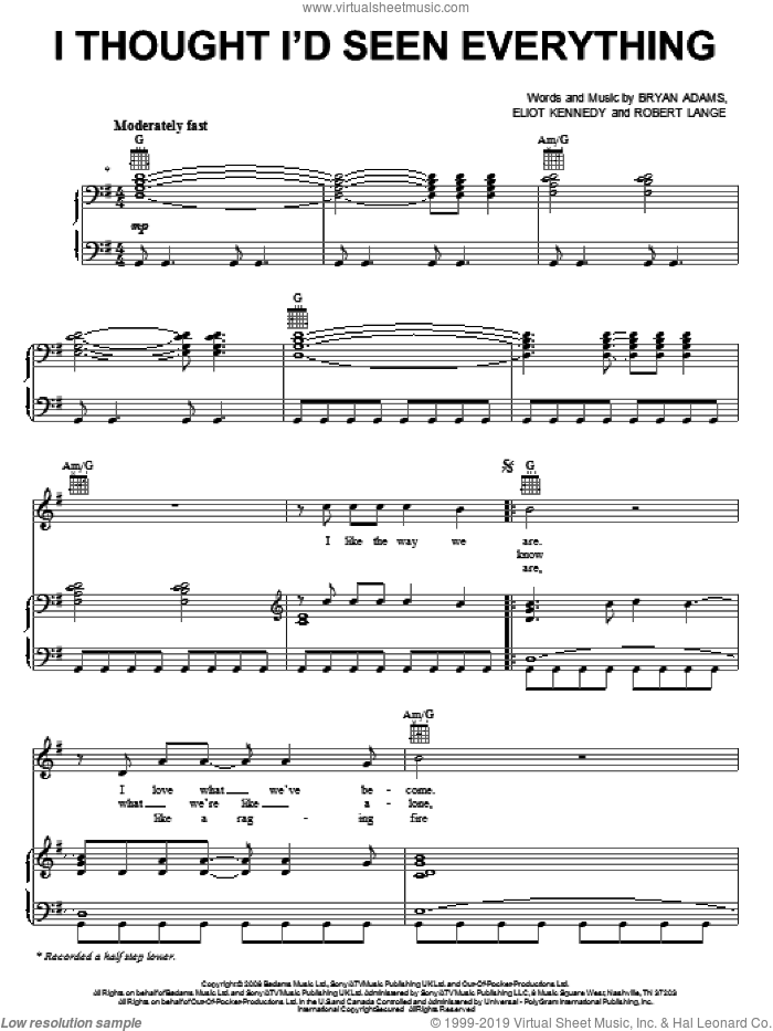 I Thought I'd Seen Everything sheet music for voice, piano or guitar by Bryan Adams, Eliot Kennedy and Robert John Lange, intermediate skill level