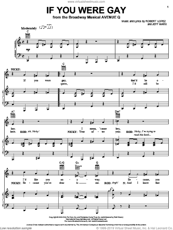 If You Were Gay (from Avenue Q) sheet music for voice, piano or guitar by Robert Lopez & Jeff Marx, Avenue Q, Jeff Marx and Robert Lopez, intermediate skill level