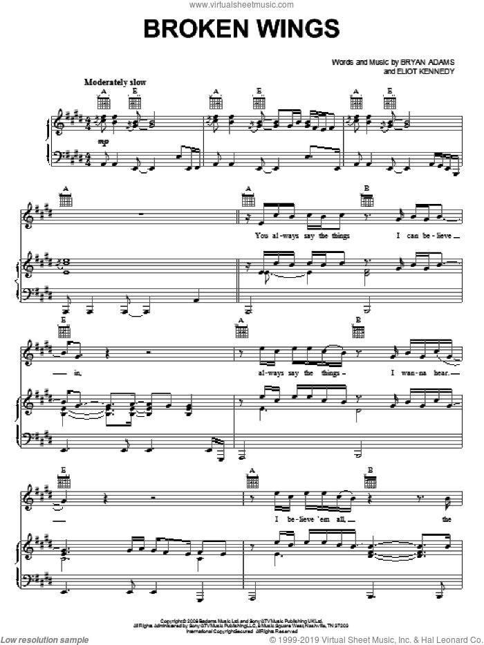 Broken Wings sheet music for voice, piano or guitar by Bryan Adams and Eliot Kennedy, intermediate skill level