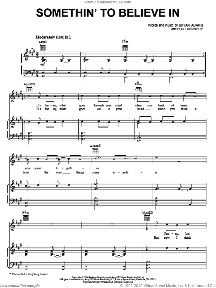 Somethin' To Believe In sheet music for voice, piano or guitar by Bryan Adams and Eliot Kennedy, intermediate skill level