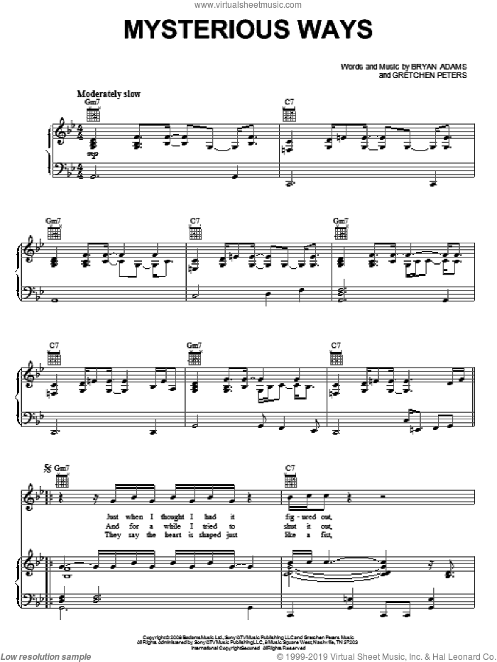 Mysterious Ways sheet music for voice, piano or guitar by Bryan Adams and Gretchen Peters, intermediate skill level