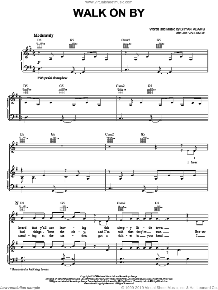 Walk On By sheet music for voice, piano or guitar by Bryan Adams and Jim Vallance, intermediate skill level