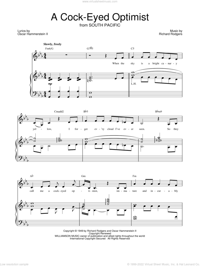 A Cockeyed Optimist sheet music for voice, piano or guitar by Barbra Streisand, Rodgers & Hammerstein, South Pacific (Musical), Oscar II Hammerstein and Richard Rodgers, intermediate skill level