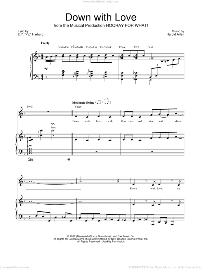 Down With Love sheet music for voice, piano or guitar by Barbra Streisand, E.Y. Harburg and Harold Arlen, intermediate skill level