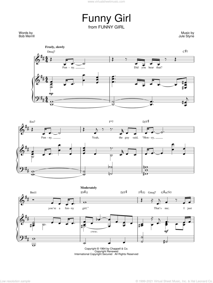 Funny Girl sheet music for voice, piano or guitar by Barbra Streisand, Bob Merrill and Jule Styne, intermediate skill level