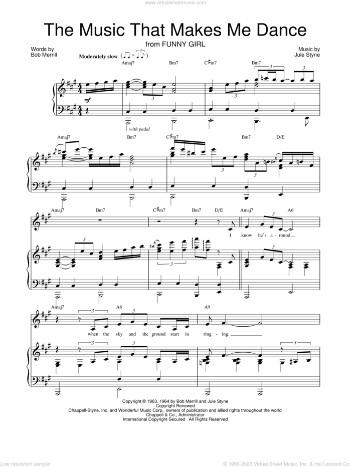 The Music That Makes Me Dance sheet music for voice, piano or guitar by Barbra Streisand, Bob Merrill and Jule Styne, intermediate skill level
