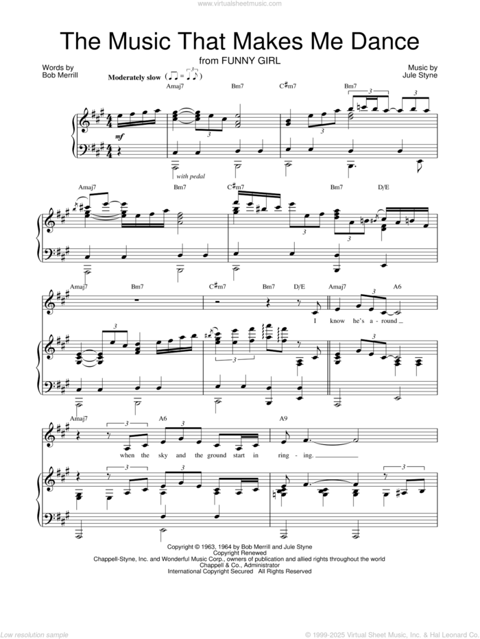 The Music That Makes Me Dance sheet music for voice, piano or guitar by Barbra Streisand, Bob Merrill and Jule Styne, intermediate skill level